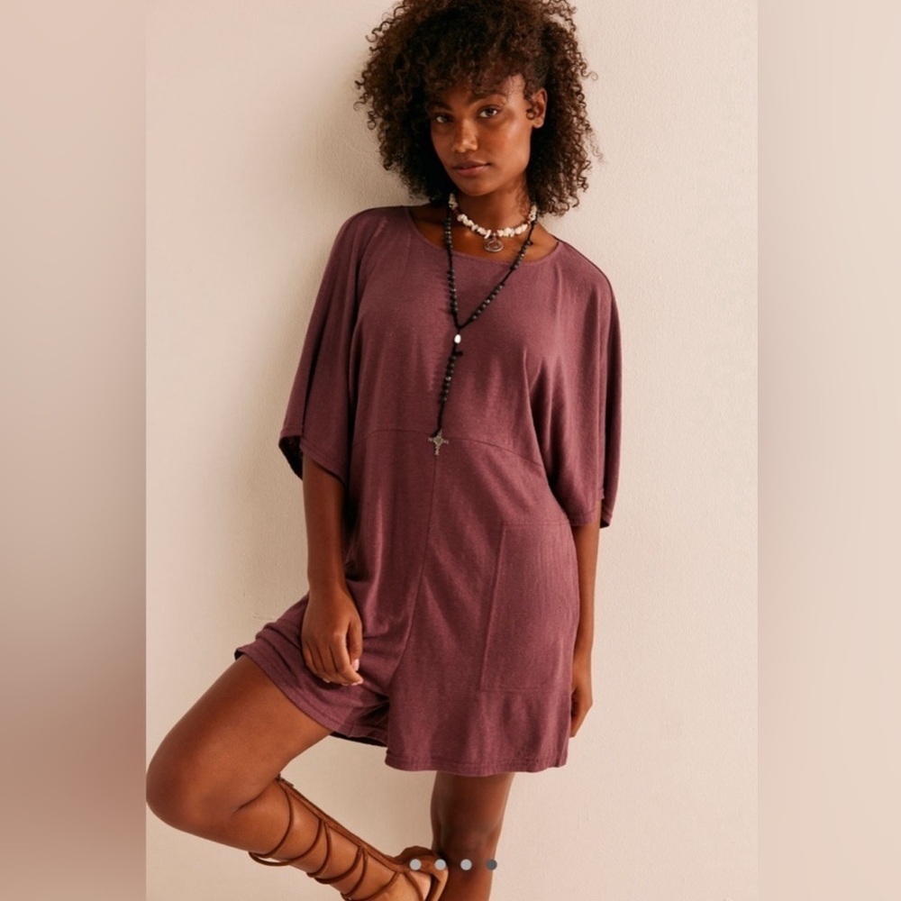 Free People ANDI Open Back Linen Blend Romper Playsuit Purple Mauve Extra Small